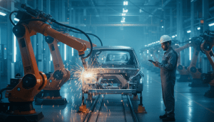 Advanced automotive robotics assembling an electric vehicle in a modern Detroit factory