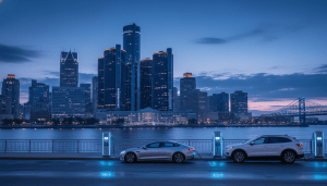 Detroit car brands headquarters skyline featuring GM Renaissance Center and EV infrastructure
