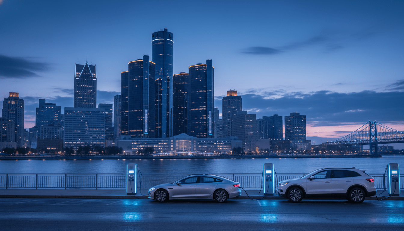 Detroit car brands headquarters skyline featuring GM Renaissance Center and EV infrastructure