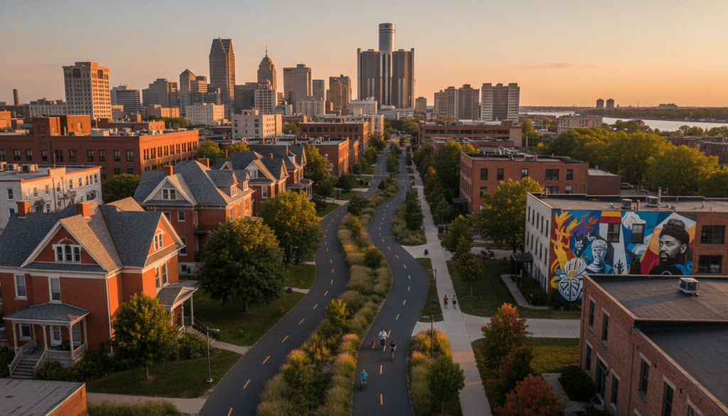 Cyclists and pedestrians enjoying the Joe Louis Greenway path in Detroit near a mural-covered building