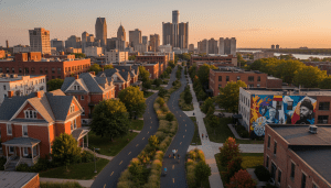 Cyclists and pedestrians enjoying the Joe Louis Greenway path in Detroit near a mural-covered building