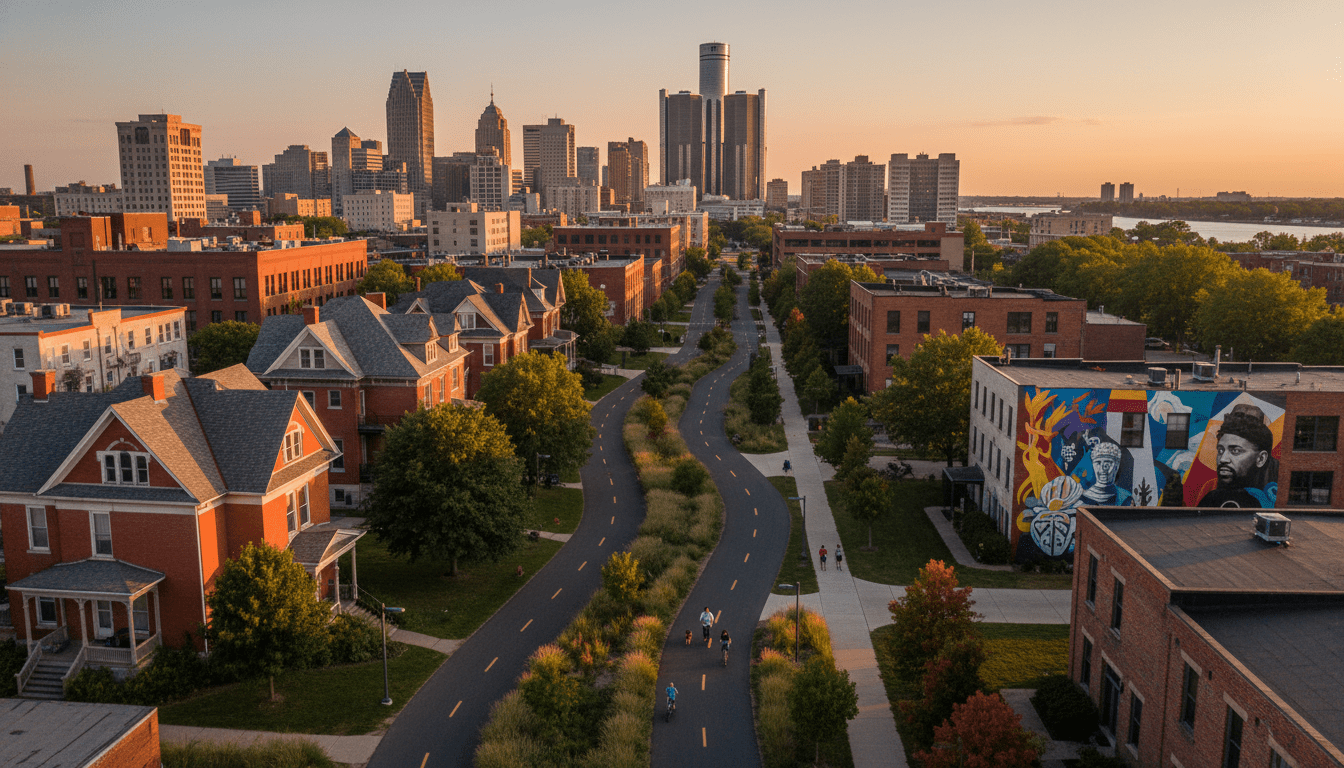 Cyclists and pedestrians enjoying the Joe Louis Greenway path in Detroit near a mural-covered building