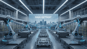 Interior of a modern Michigan gigafactory assembling EV batteries near Detroit