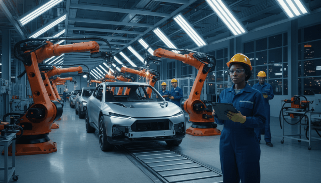 Automated assembly line showing robotics in Detroit auto manufacturing working on an electric vehicle chassis