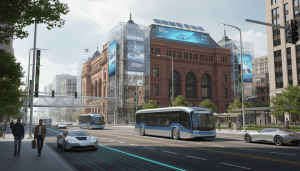 Detroit smart mobility infrastructure featuring electric buses and connected vehicles near Michigan Central Station