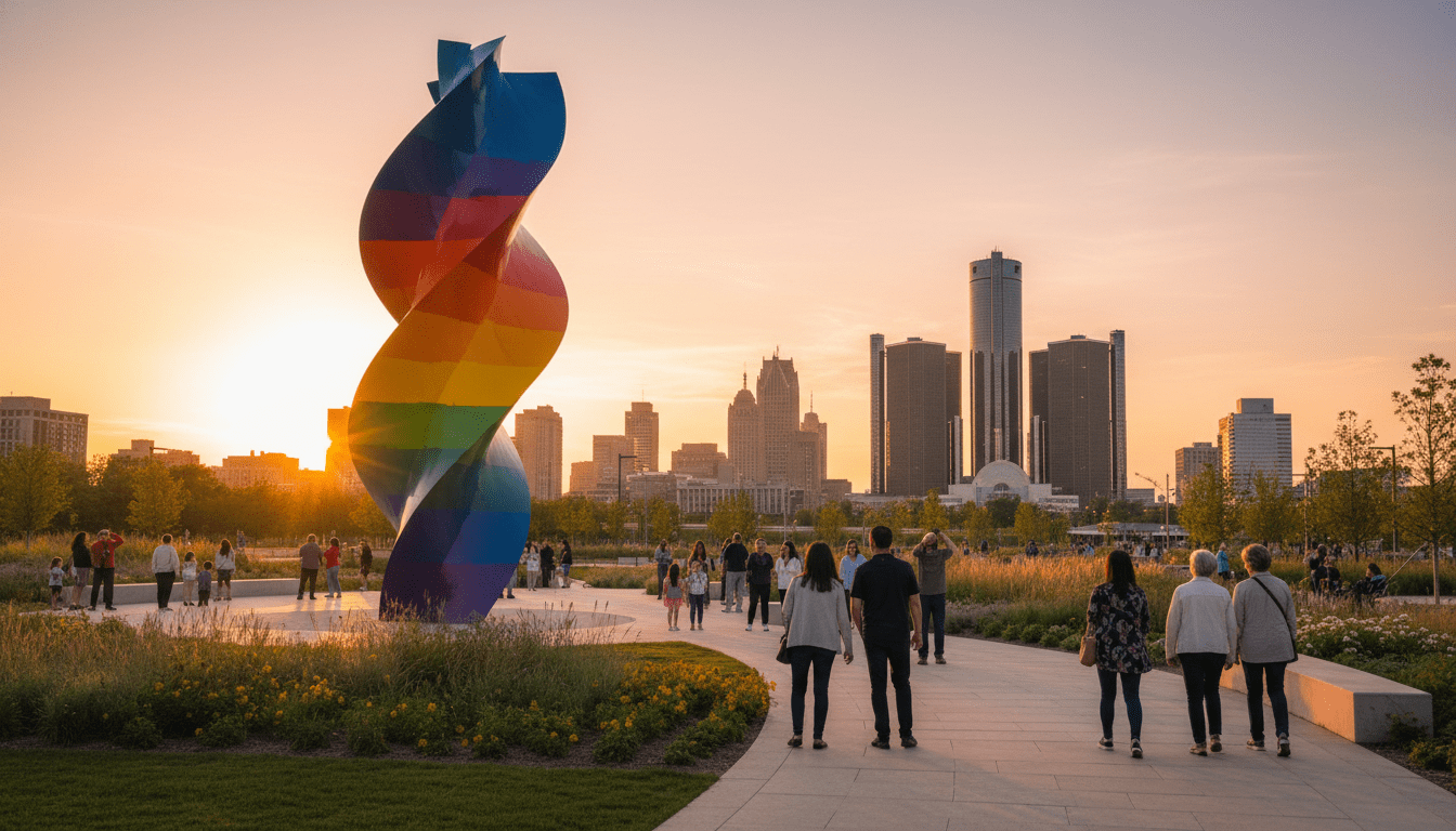 Modern Detroit art installations in a public park with city skyline background