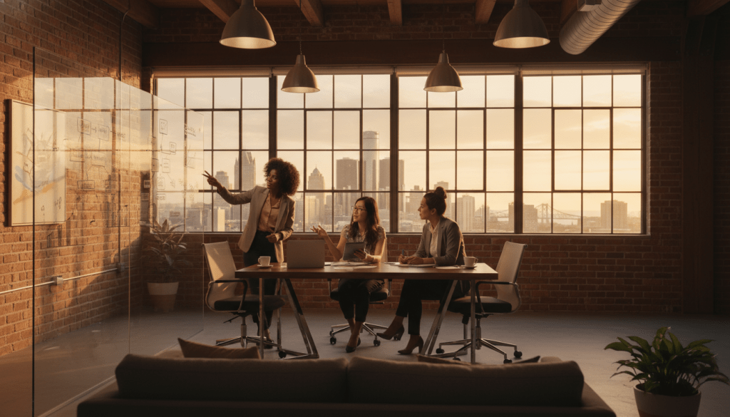 Three female entrepreneurs collaborating at a table representing women-led startups Detroit
