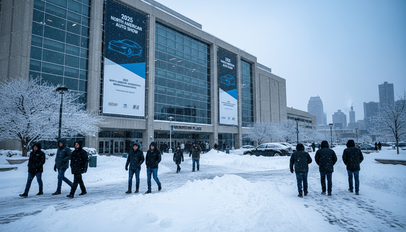 Exterior of Huntington Place featuring Detroit Auto Show 2025 signage during winter