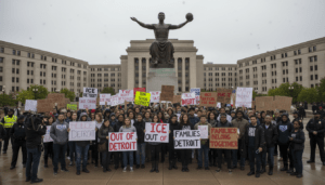 Protesters holding signs demanding ICE out of Detroit at a downtown rally near the Spirit of Detroit