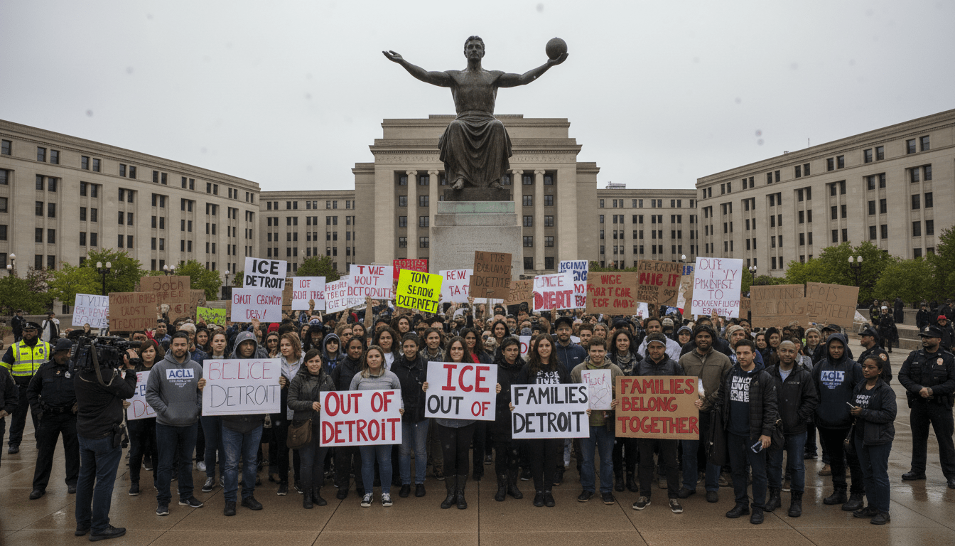 Protesters holding signs demanding ICE out of Detroit at a downtown rally near the Spirit of Detroit