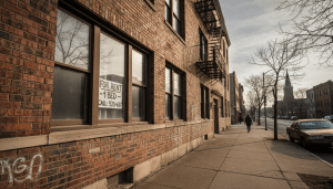 Exterior of a residential building representing cheap apartments in Detroit with a rent sign.