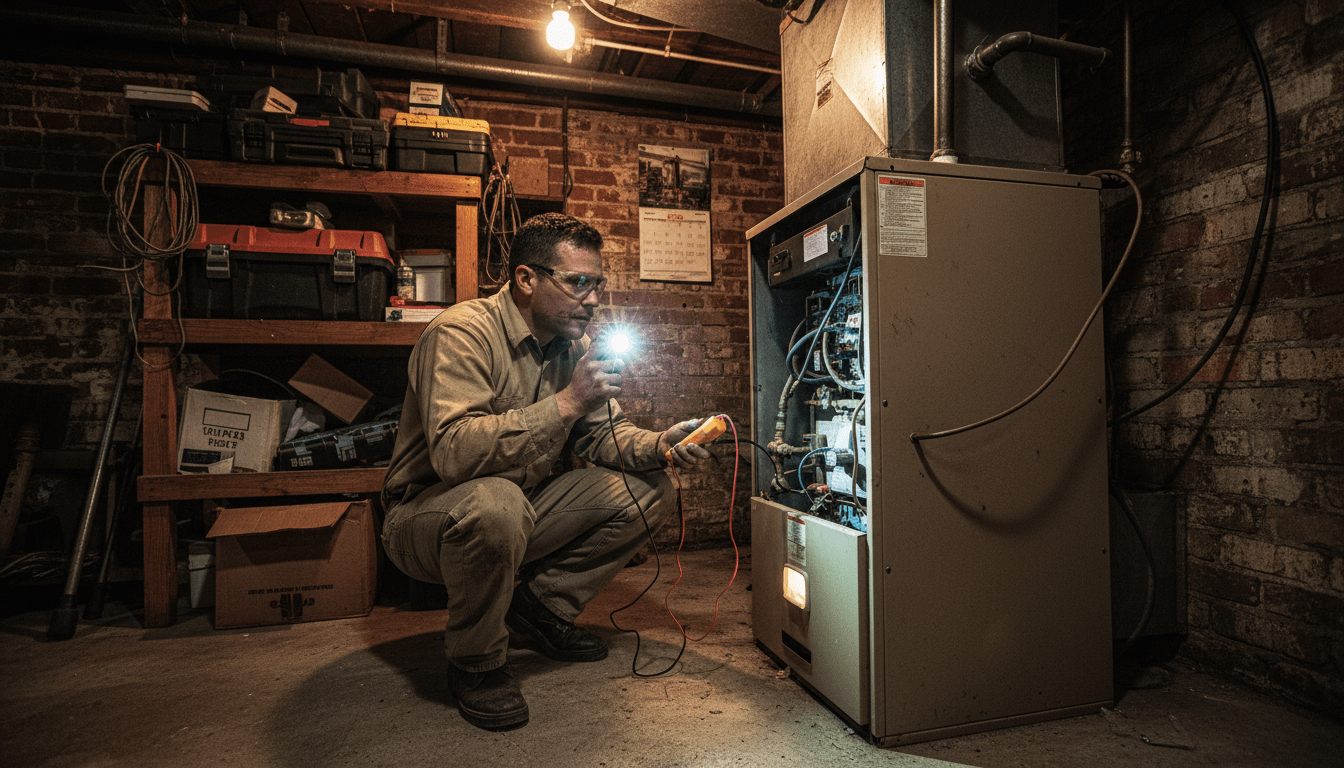 HVAC technician performing furnace maintenance in a Detroit home basement