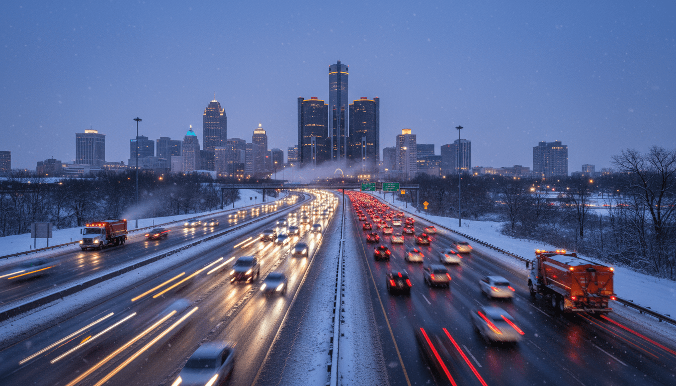 Cars navigating snowy roads in Detroit implementing Michigan winter driving tips