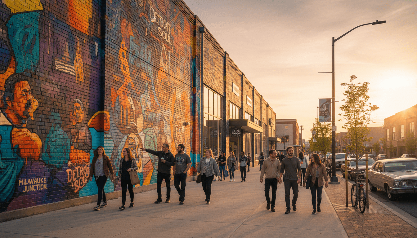 A mural on a brick building in Milwaukee Junction representing the growing Detroit creative economy