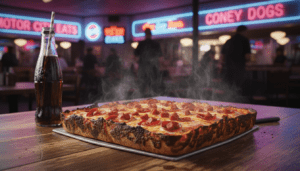 Close up of iconic Detroit food including deep dish square pizza and a coney dog on a restaurant table
