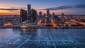 Detroit skyline featuring Huntington Place convention center illustrating Detroit tourism planning and development