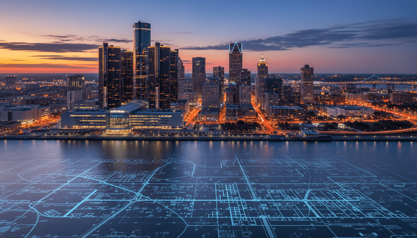 Detroit skyline featuring Huntington Place convention center illustrating Detroit tourism planning and development