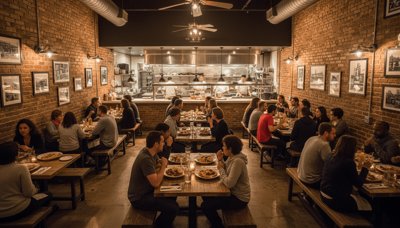 Interior view of busy Detroit restaurants showing diners and staff