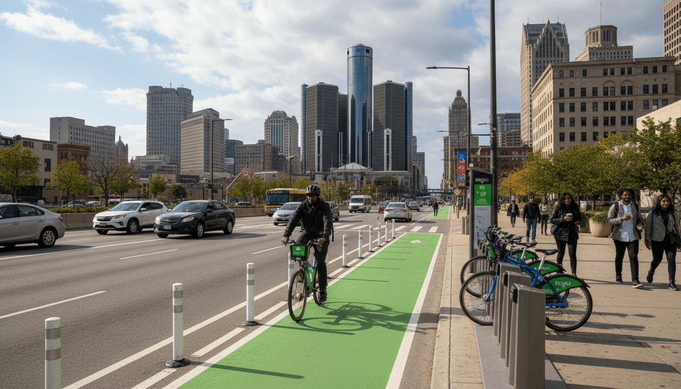 Cyclist using a protected bike lane in Detroit representing new Detroit transportation alternatives