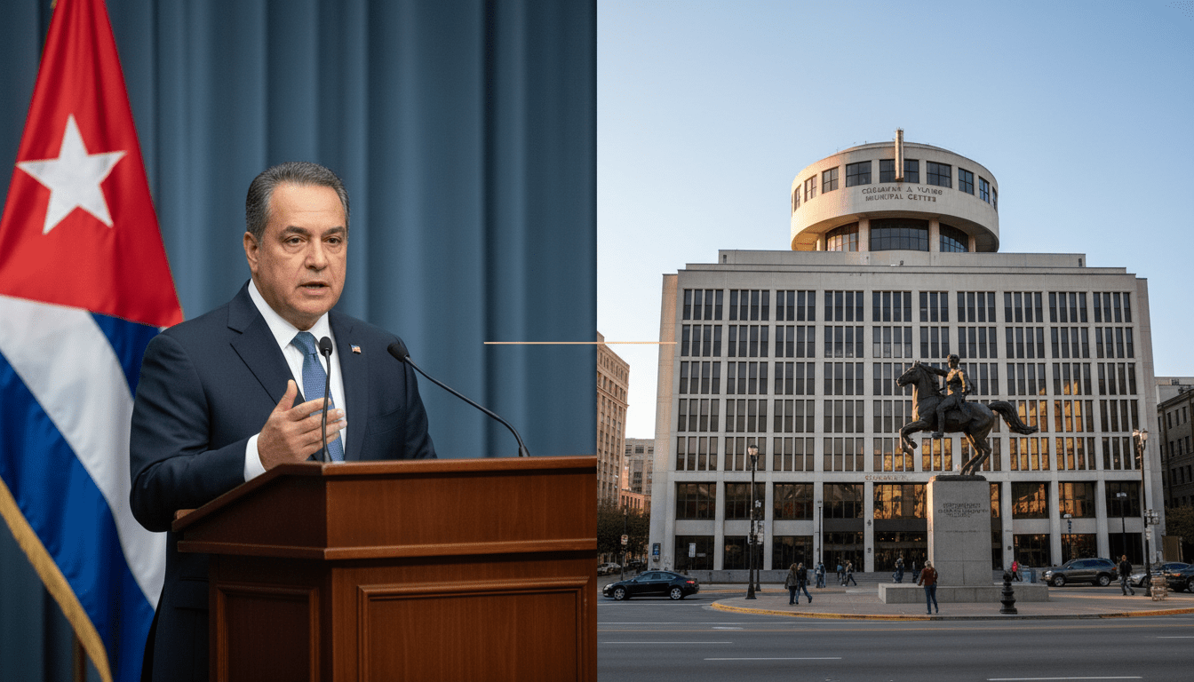Cuban Foreign Minister Bruno Rodríguez Parrilla speaking alongside an image of Detroit City Hall representing US-Cuba relations