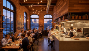 Interior view of one of the best restaurants in Detroit showing patrons and chefs in a modern setting