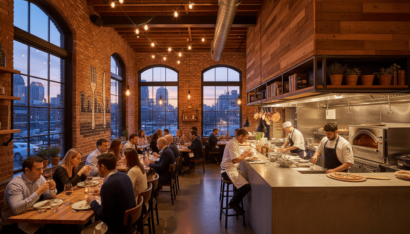 Interior view of one of the best restaurants in Detroit showing patrons and chefs in a modern setting