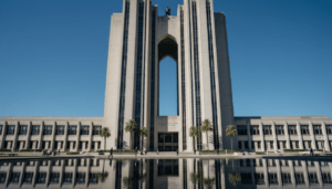 The exterior of the Coleman A. Young Municipal Center representing Detroit city government