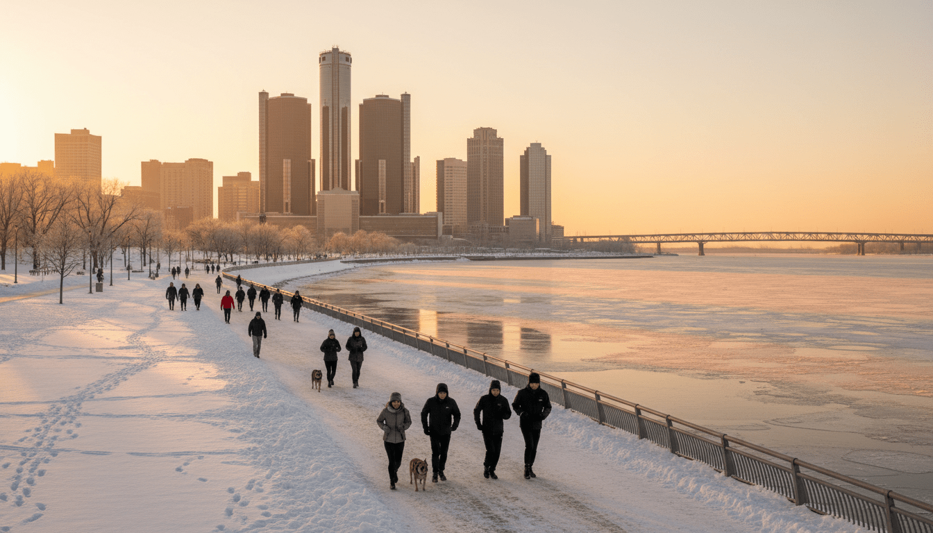Residents walking on the snowy riverfront path staying active in Detroit during winter