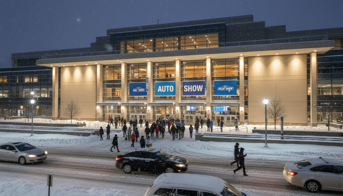 Crowds arriving at Huntington Place for the Detroit Auto Show during winter