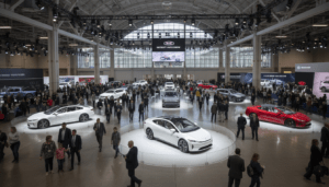 Visitors walking the floor of the Detroit Auto Show at Huntington Place with modern vehicles on display