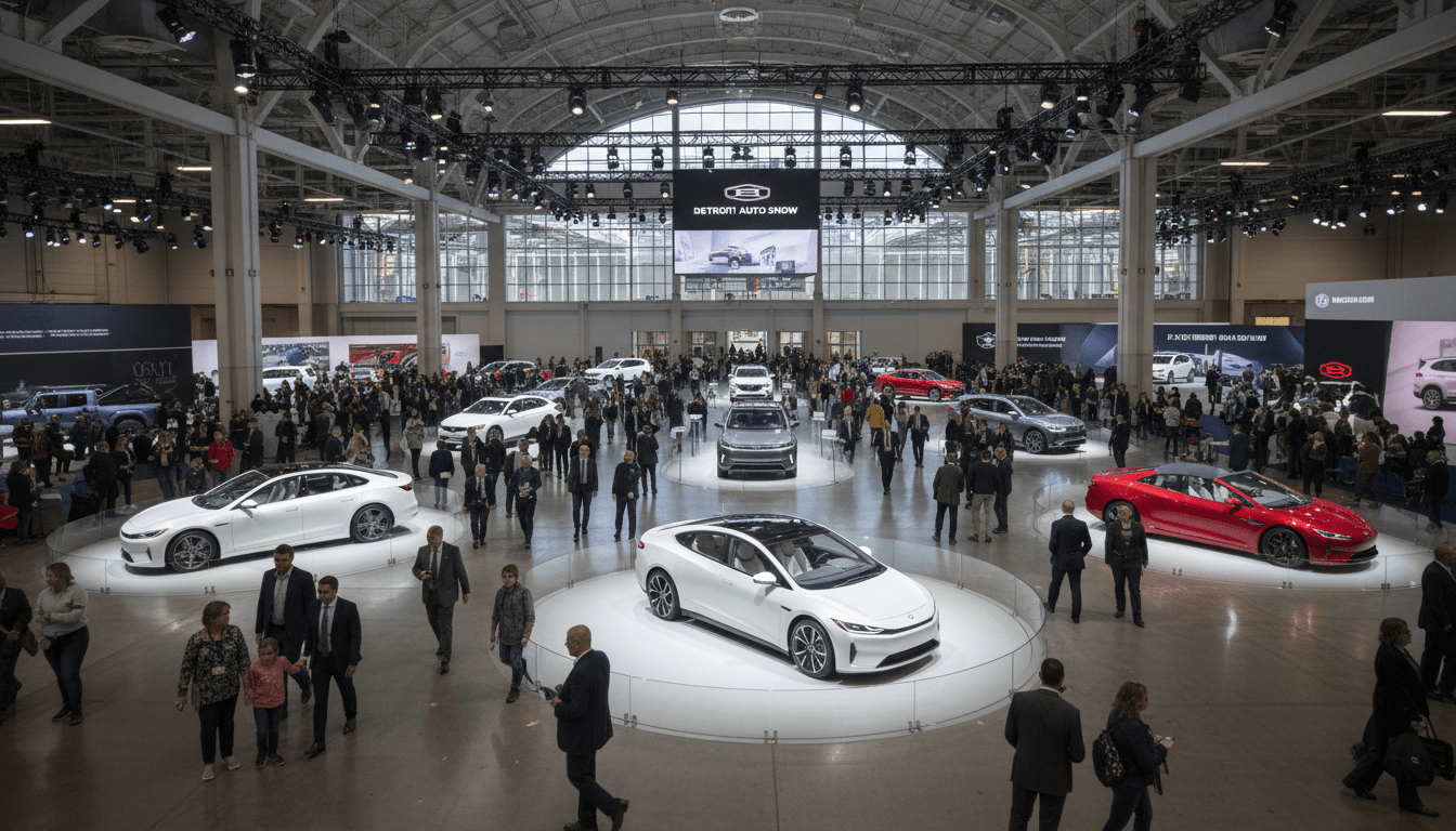Visitors walking the floor of the Detroit Auto Show at Huntington Place with modern vehicles on display