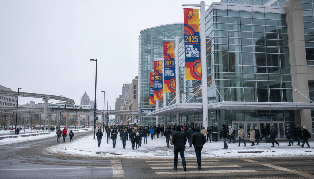 Crowds entering Huntington Place for the Detroit Auto Show January 2025 return
