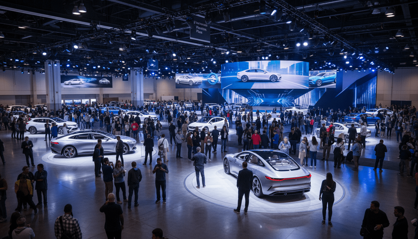 Interior view of the Detroit Auto Show 2025 at Huntington Place featuring electric vehicles and attendees