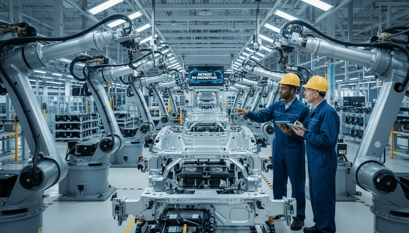 Workers assembling cars on a production line representing the electric vehicle industry in Detroit 2026