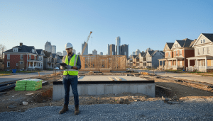 Contractor reviewing Detroit building permits on a tablet at a construction site