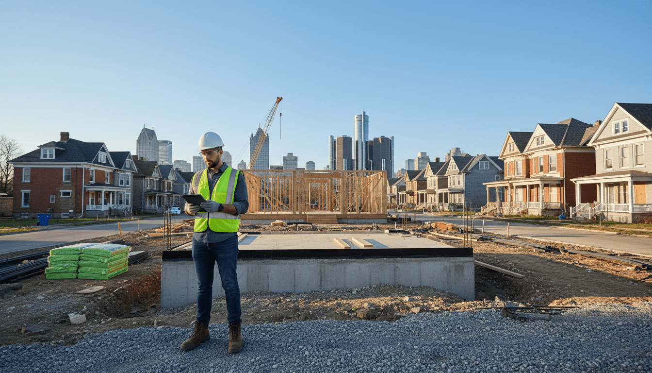 Contractor reviewing Detroit building permits on a tablet at a construction site
