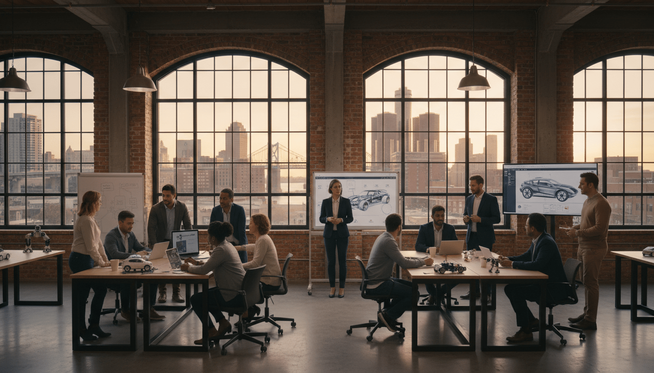 Diverse Detroit business team discussing psychological safety in a modern office overlooking the city skyline