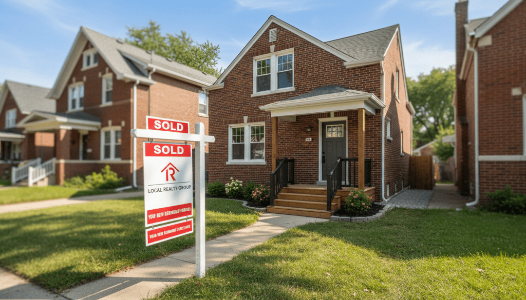 A sold sign in front of a brick home purchased with Detroit down payment assistance