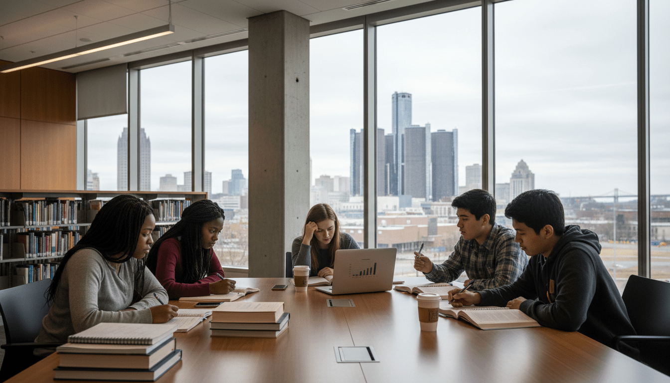 Detroit high school students studying in a library, illustrating the concept of student burnout.