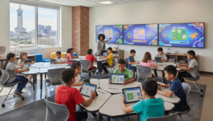 Students in a Detroit classroom using tablets for gamification in education learning activities