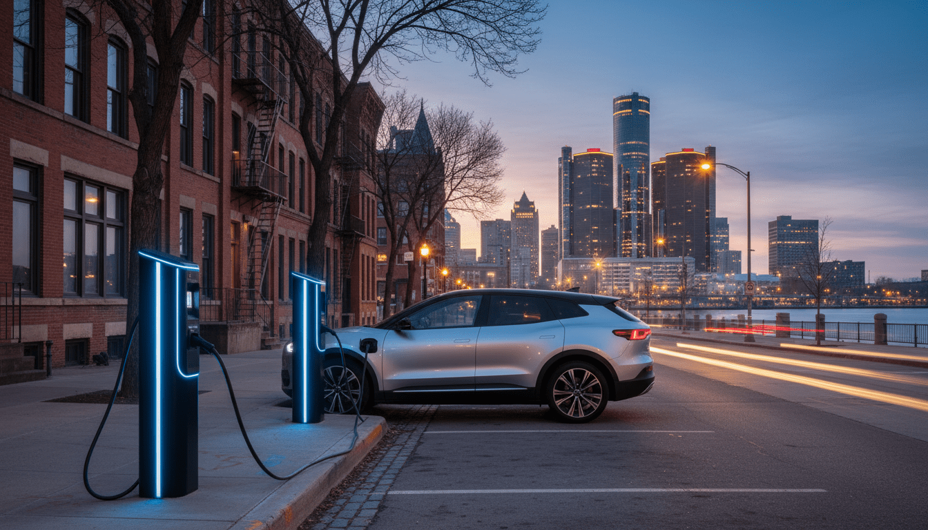 Modern charging station representing Detroit EV infrastructure growth near downtown