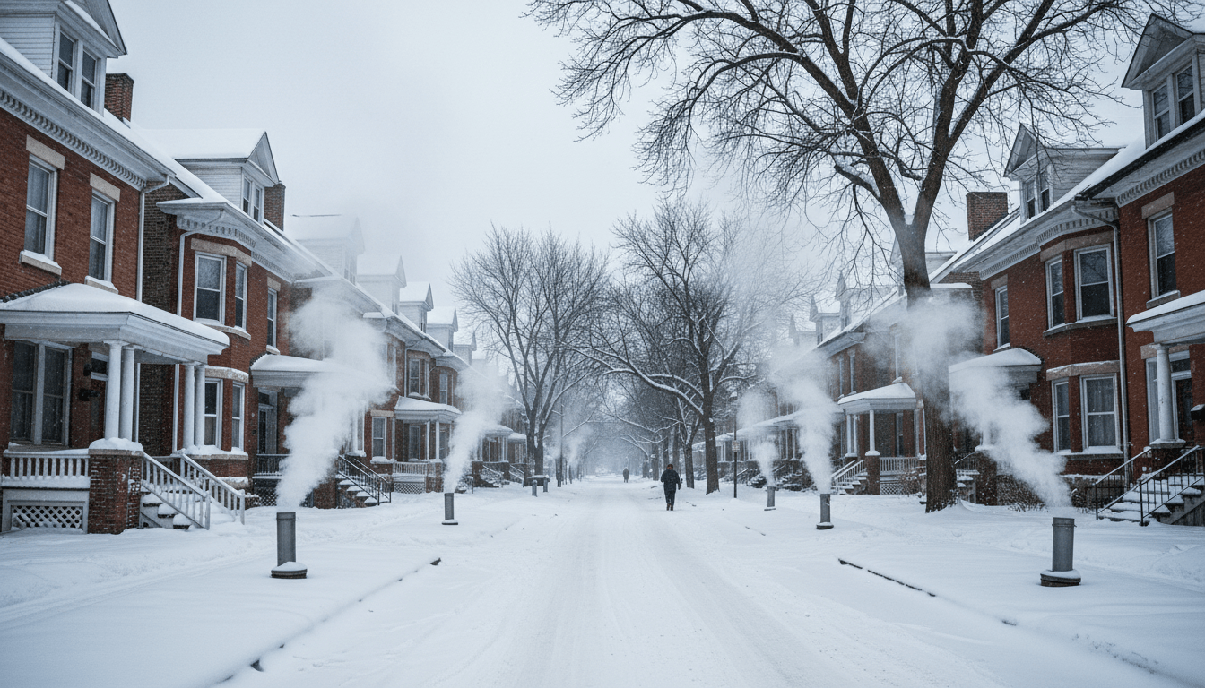 Snow covered residential street illustrating the need for Detroit heating assistance during winter
