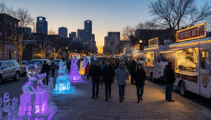 Crowds gathering at one of the major Detroit festivals February featuring ice sculptures and winter lights.