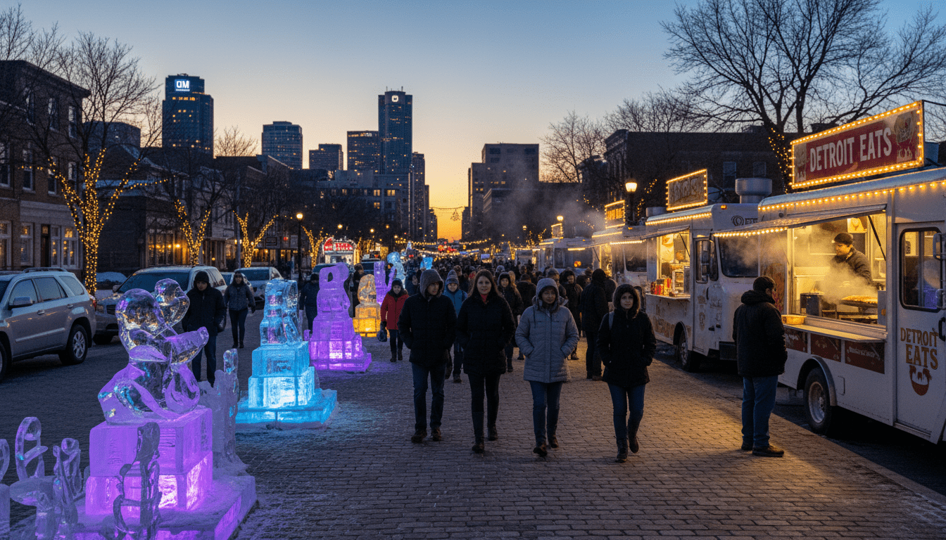 Crowds gathering at one of the major Detroit festivals February featuring ice sculptures and winter lights.