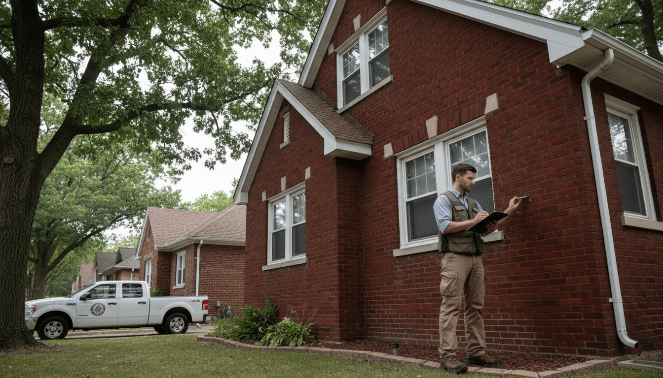 Inspector performing a Detroit home inspection on a brick residential property