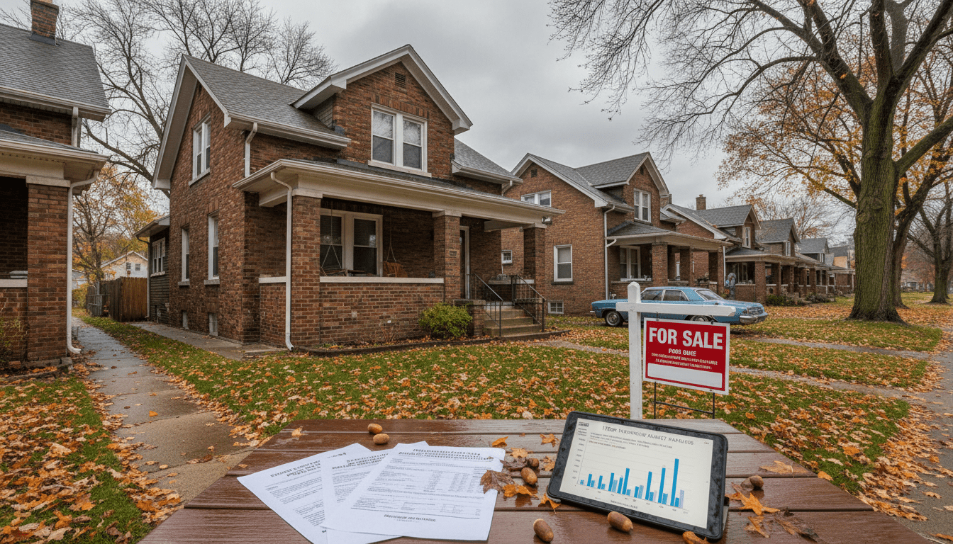 A calculator and policy documents representing rising Detroit home insurance costs.