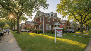 Brick home with for sale sign representing selling a house in Detroit during market upswing