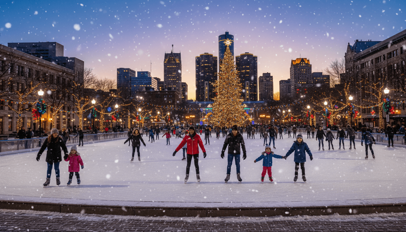 Skaters enjoying Detroit ice skating at Campus Martius Park during the evening with holiday lights.