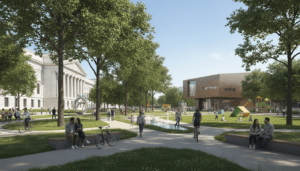 Landscape view of Detroit museums and the Cultural Center district featuring new green spaces and pedestrians.