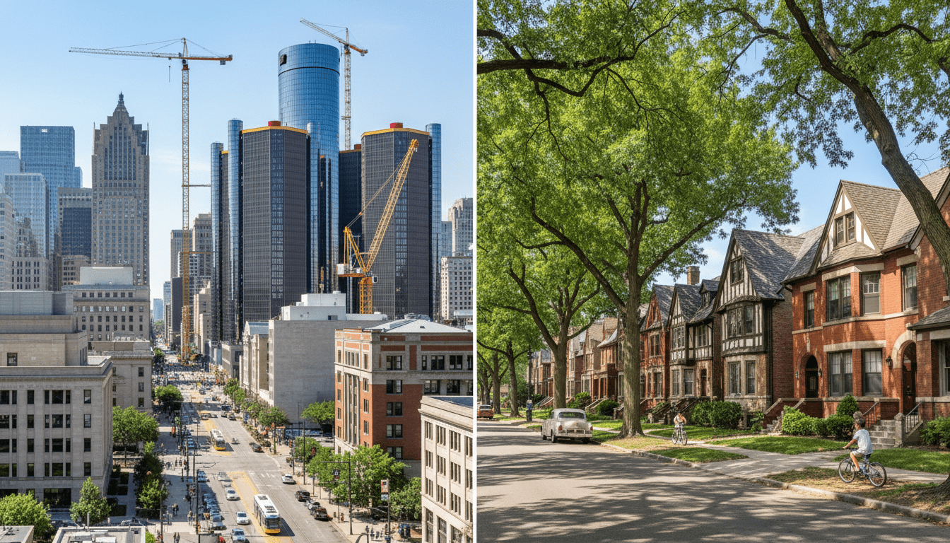 Comparison of modern downtown Detroit apartments and historic brick homes in outer Detroit neighborhoods